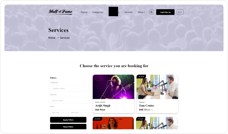 Hall of Frame - Celebrities’ Services Booking Platform